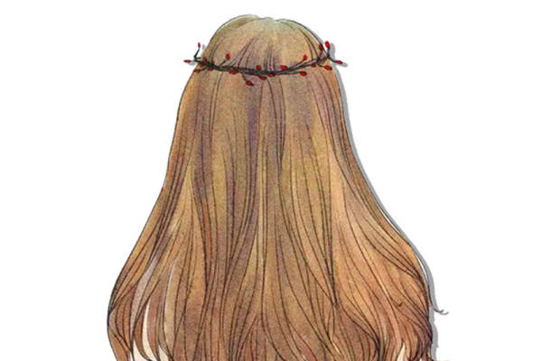 时尚插画风格服装印花设计：优雅长发与蝴蝶结元素