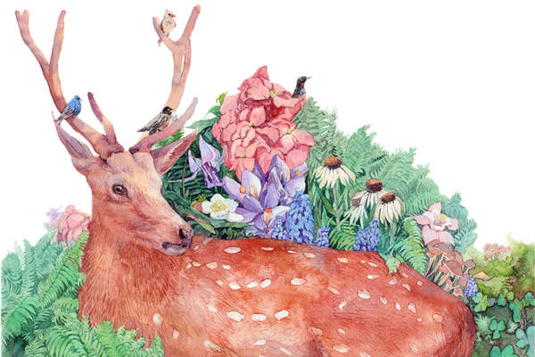 自然灵感鹿与花卉裁片印花服装设计