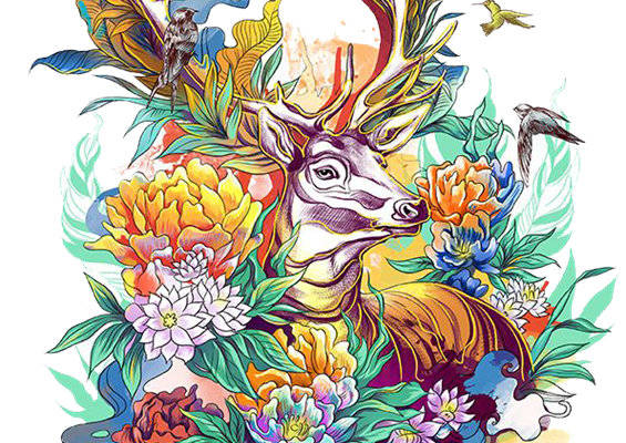 绚丽多彩鹿与花裁片印花服装,展现自然之美