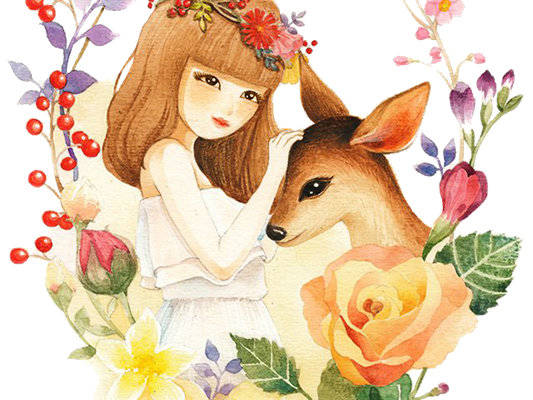 梦幻森林女孩与鹿裁片印花服装印花设计