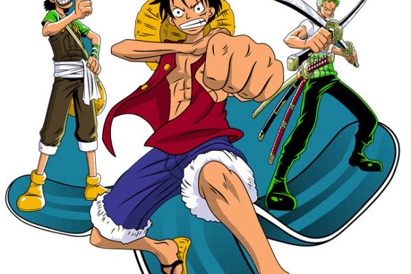 创意动漫裁片印花服装：海贼王主题冲浪风格设计