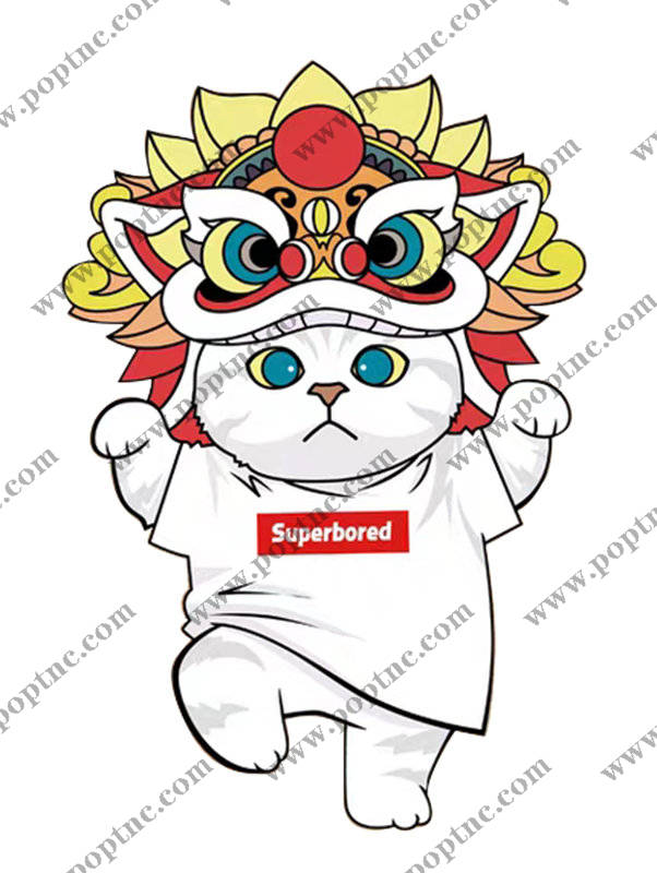 创意猫咪裁片印花服装,趣味舞狮头饰设计,时尚百搭