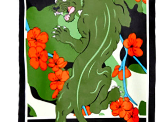 时尚街头风格裁片印花服装 绿色狮子与橙色花朵图案印花