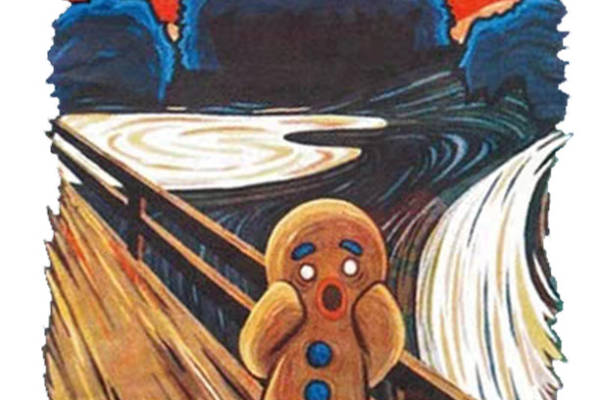 创意卡通裁片印花服装：趣味姜饼人与咖啡杯图案