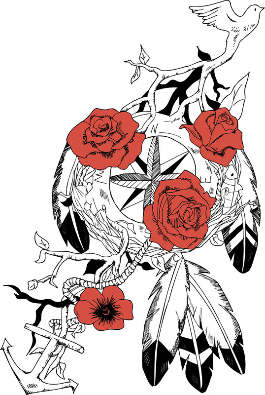 时尚潮流：红玫瑰与和平鸽裁片服装印花设计
