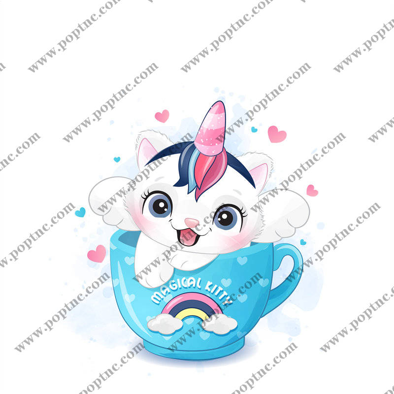 可爱独角兽小猫裁片印花服装,梦幻彩虹图案服装印花