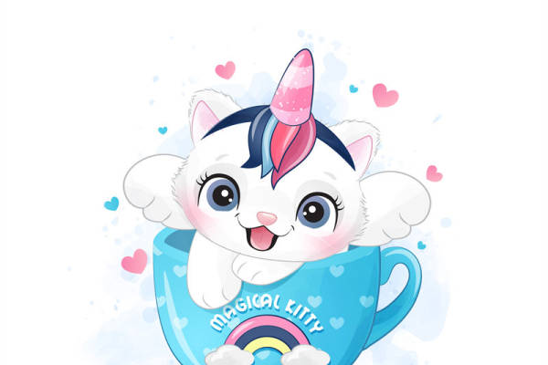 可爱独角兽小猫裁片印花服装,梦幻彩虹图案服装印花