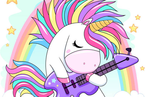 彩虹独角兽吉他手裁片印花服装,时尚潮流儿童服装印花