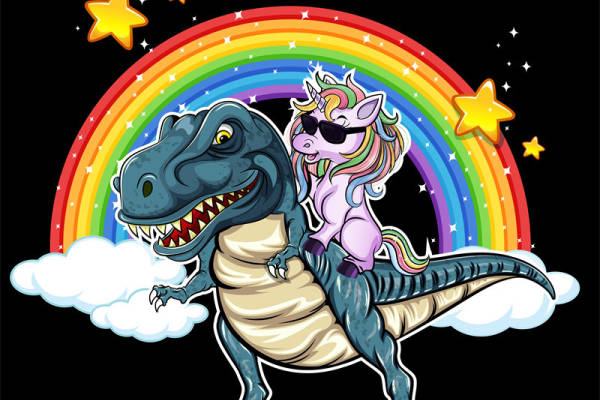 趣味恐龙与独角兽裁片印花服装，彩虹下的奇幻之旅