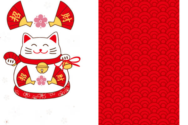 传统红色招财猫裁片印花服装印花设计