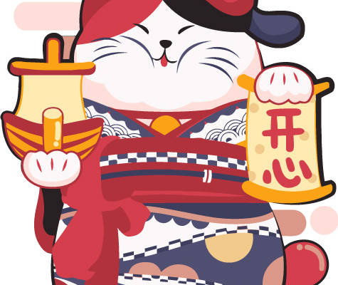 传统风格日式招财猫裁片印花服装印花设计