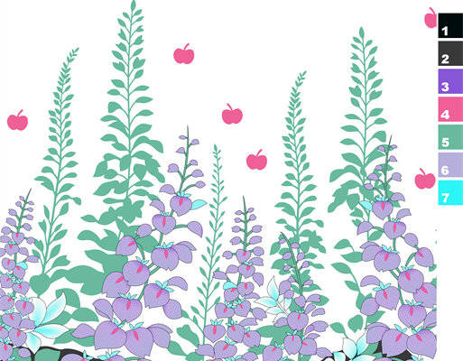 清新自然风格服装印花面料设计：紫色花朵与绿叶图案