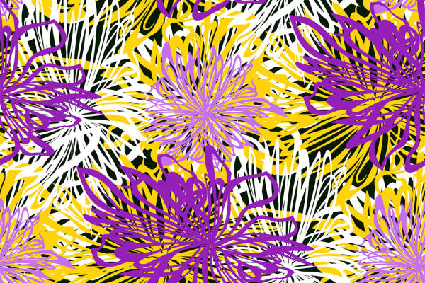 时尚紫黄黑抽象花卉面料印花服装印花设计