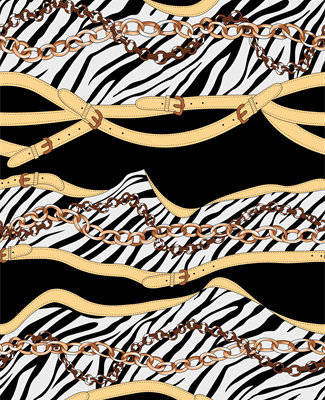 时尚斑马纹与金色链条交织服装印花面料