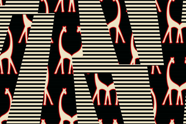 时尚黑白条纹与红色长颈鹿图案服装印花面料设计