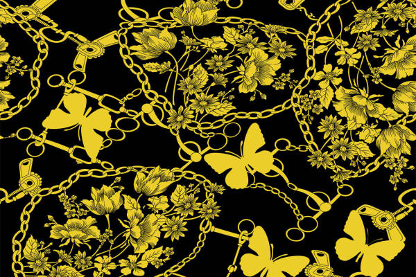 优雅花卉与链条交织的服装印花面料设计