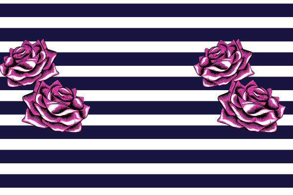 时尚经典：深蓝条纹背景上的粉色玫瑰服装印花面料