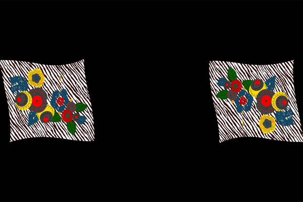 时尚黑白条纹背景上的彩色花卉服装印花面料