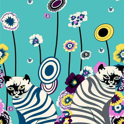 时尚猫咪与花卉面料印花服装图案设计