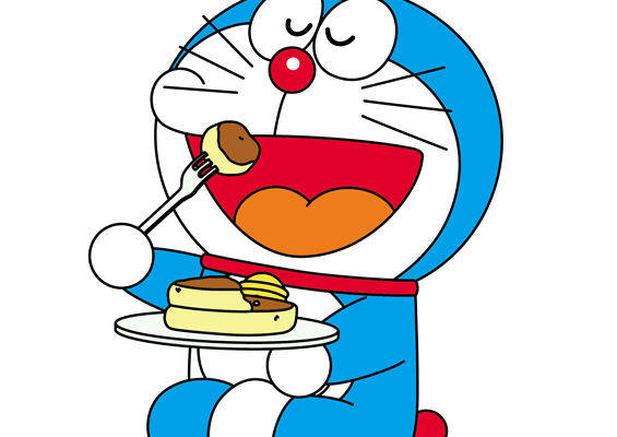 可爱卡通裁片印花服装：享受美食的机器猫设计