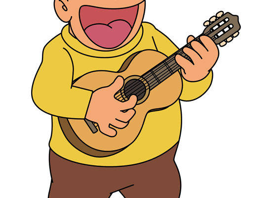 卡通风格裁片印花设计：快乐男孩弹吉他服装印花