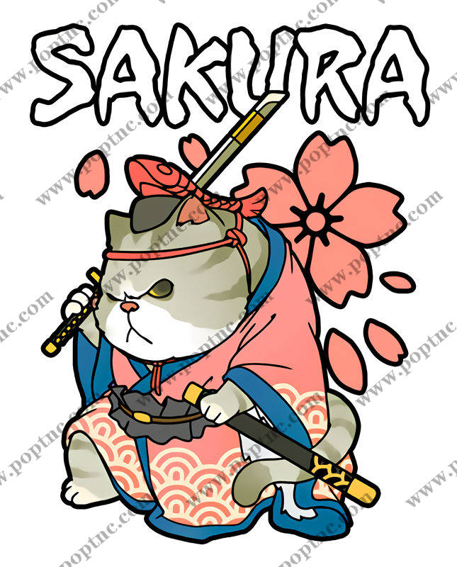 樱花武士风格可爱猫咪裁片印花服装