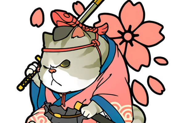 樱花武士风格可爱猫咪裁片印花服装