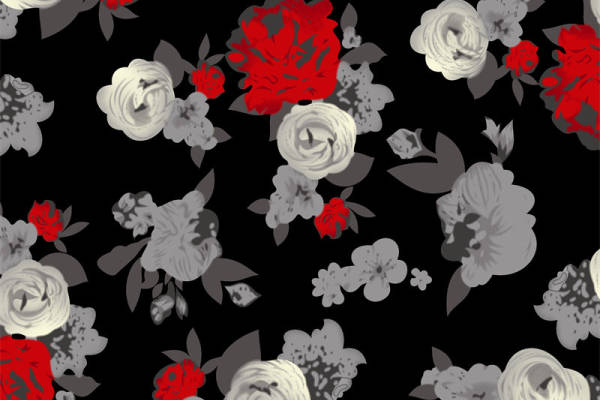 经典黑白红花卉面料印花服装印花设计