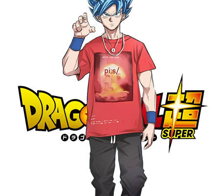 动漫风格裁片印花服装印花设计:龙珠超悟空主题T恤