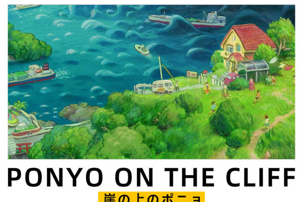 宫崎骏风格海边小镇裁片印花服装印花设计