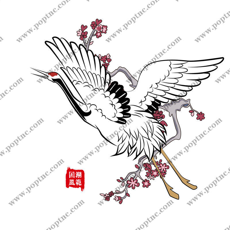 国潮风仙鹤与梅花裁片印花服装印花设计