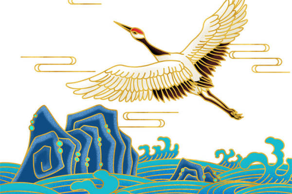 传统中国风裁片印花服装，鹤舞山海间艺术印花设计