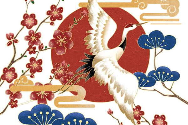 传统日式风格裁片印花服装，展现优雅鹤与樱花之美