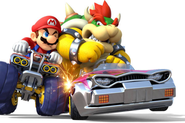 经典游戏角色裁片印花服装:马里奥与库巴的赛车对决