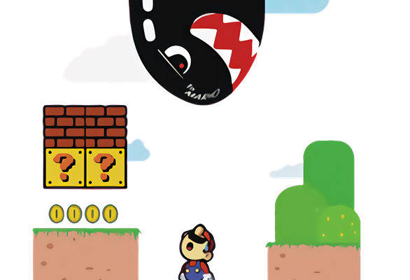 经典游戏风格裁片印花服装,复古砖块与卡通角色印花设计