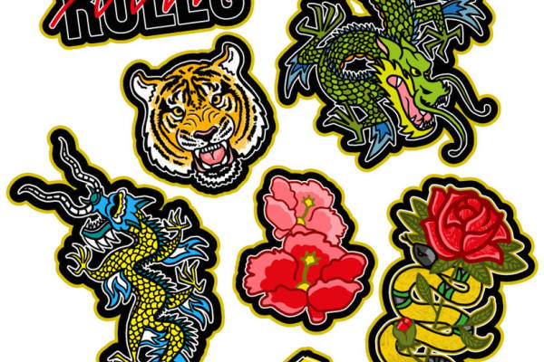 时尚街头风裁片印花服装印花设计,龙虎玫瑰图案