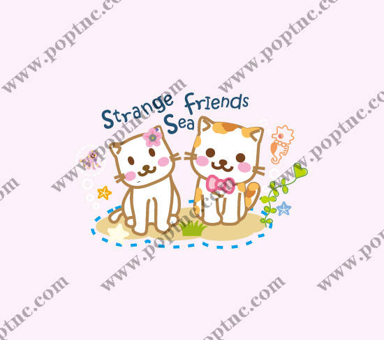 可爱海洋主题裁片印花服装,萌趣小猫与海洋生物的奇妙邂逅