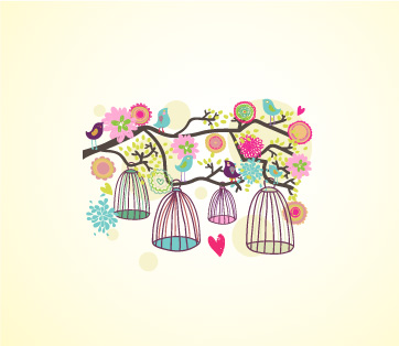 春意盎然的鸟笼与花卉裁片印花服装印花设计
