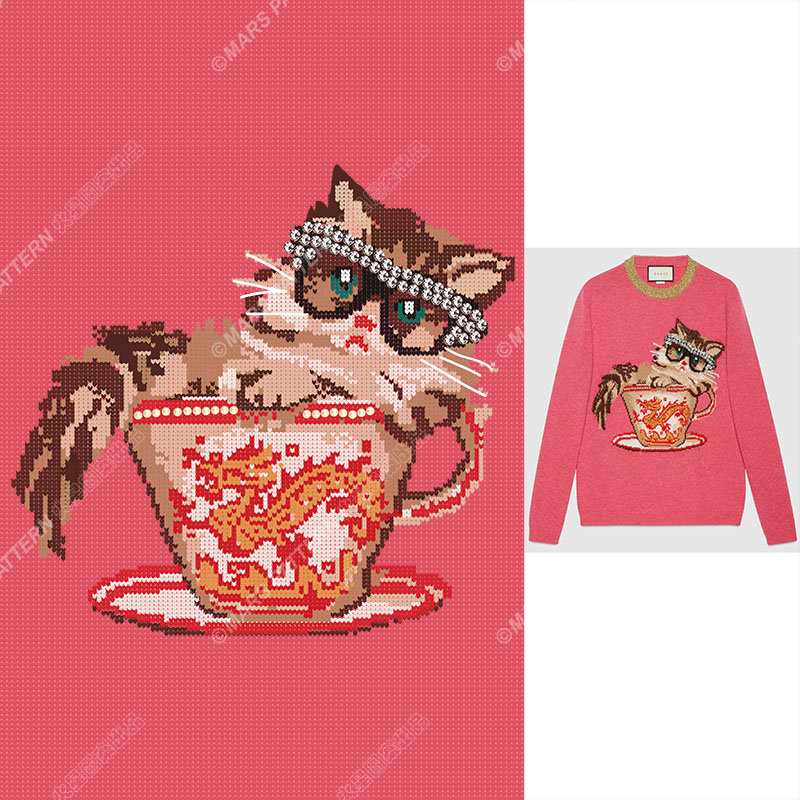 时尚猫咪裁片印花服装 可爱茶杯猫图案毛衣印花设计