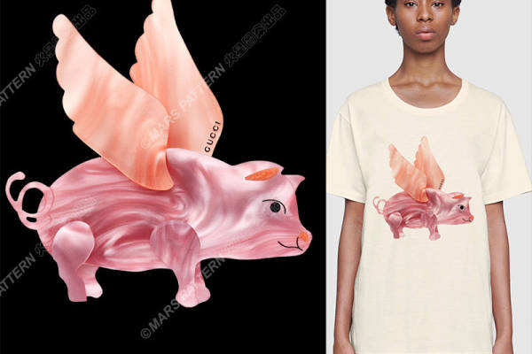 创意粉色翅膀小猪裁片印花服装,时尚个性T恤印花设计