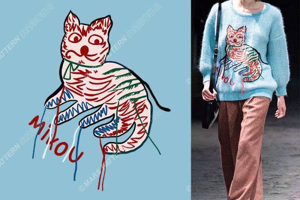 时尚创意裁片印花服装：猫咪图案毛衣设计