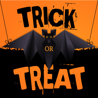 万圣节主题服装裁片印花设计：蝙蝠图案与'Trick or Treat'字样