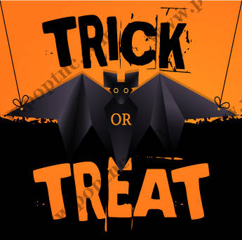 万圣节主题服装裁片印花设计:蝙蝠图案与'Trick or Treat'字样