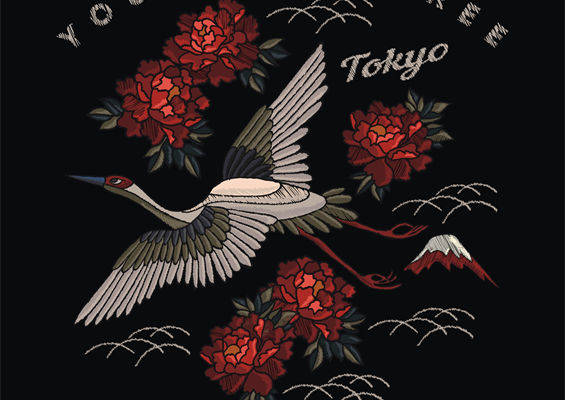 时尚东方风格裁片印花服装 鹤舞花间图案设计