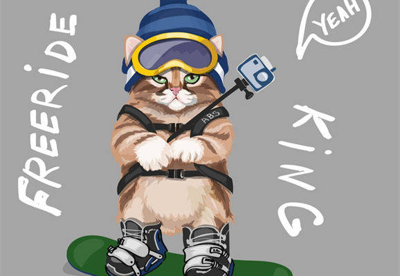 时尚滑雪猫裁片印花服装，趣味运动风服装印花设计