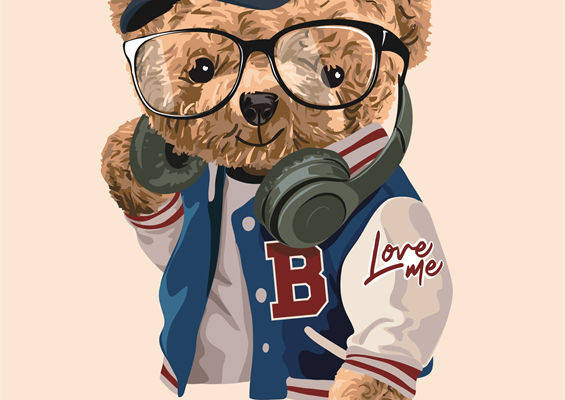 时尚潮牌裁片印花服装：可爱泰迪熊耳机棒球服印花