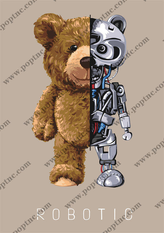 创意机器人裁片印花服装印花设计,未来科技感与经典毛绒熊的完美结合