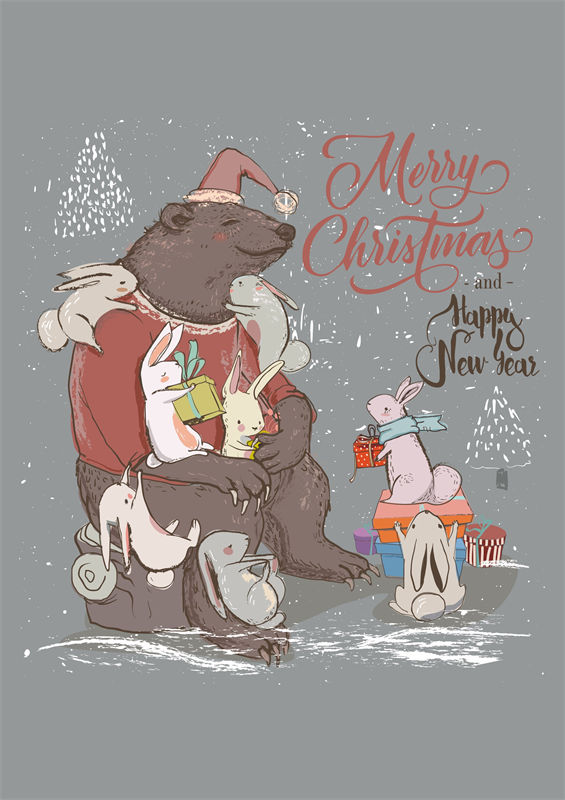 冬季节日主题裁片印花服装 温馨圣诞兔子熊图案服装印花