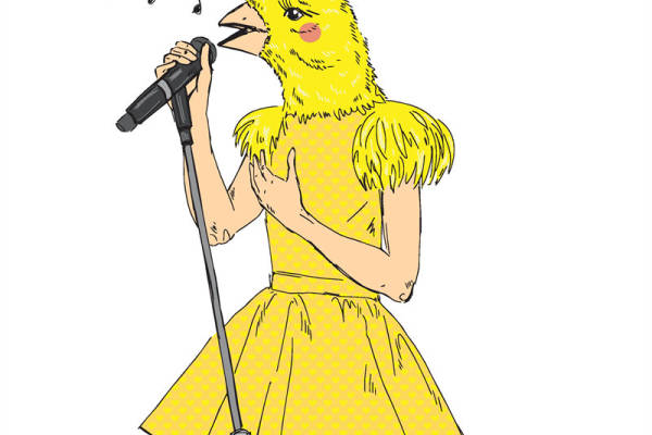 创意黄色裁片印花服装：音乐主题卡通鸡形象