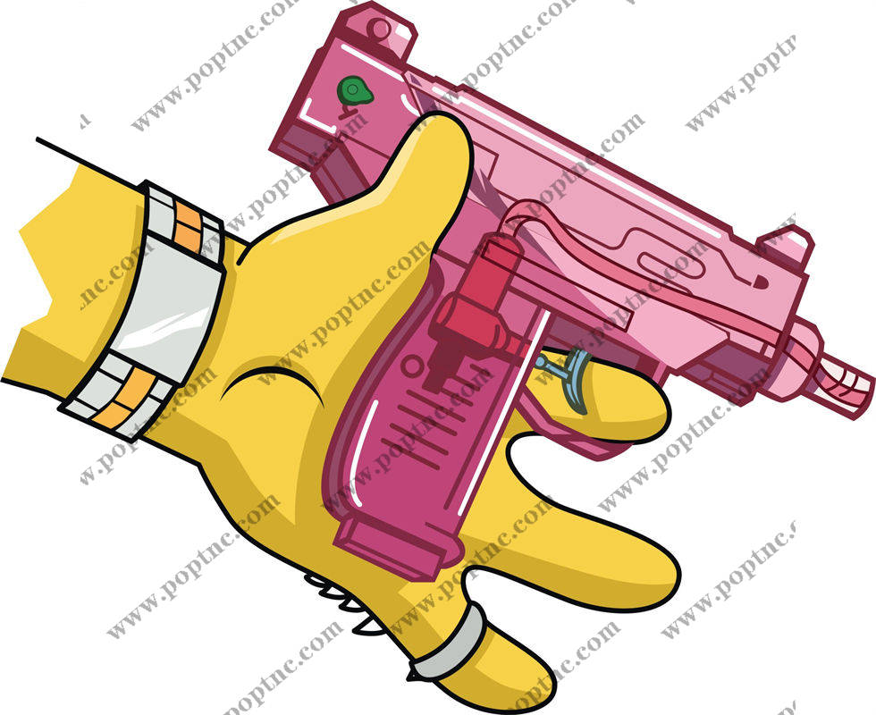 未来感裁片印花服装:手持粉色枪械的黄色机械手